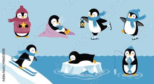Set of cute cartoon penguins enjoying various winter activities like skating, skiing, fishing, and drinking hot cocoa on blue.