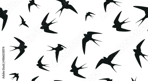 Seamless pattern featuring black silhouettes of flying swallows in various positions on a clean white background.
