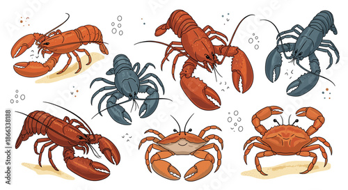 Assortment of red and blue lobsters, crawfish, and crabs illustrated in a detailed cartoon style on a white background.