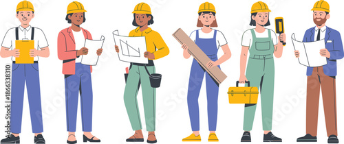 Construction workers, engineers, safety helmets, blueprint holders, tool users, diverse team, architecture roles, building professionals, site crew, occupational gear