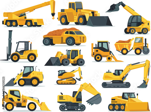 Construction vehicles, heavy machinery, crane truck, bulldozer, excavator, dump truck, forklift, road roller, front loader, cartoon equipment