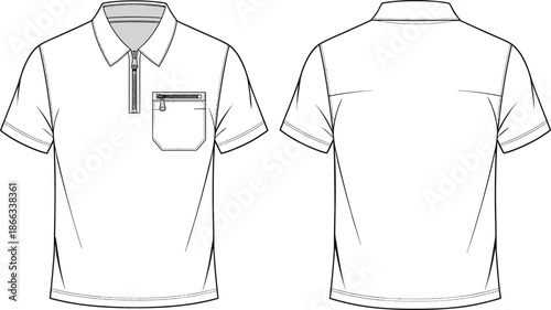 Men polo shirt technical fashion illustration, front and back view, short sleeve zip pocket design, flat vector apparel