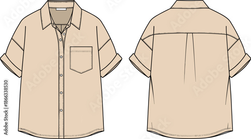 Men short sleeve shirt technical flat illustration, casual button down apparel design, modern menswear style, front and back view