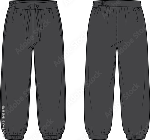 Men sweatpants front and back view vector illustration, casual jogger pants design, elastic waist drawstring loungewear mockup