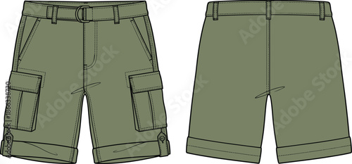 Men tactical cargo shorts front and back view vector illustration, utility belt design, casual outdoor workwear apparel mockup