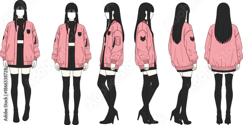 Anime female character fashion turnaround wearing pink bomber jacket black outfit front side back views illustration design concept art sheet