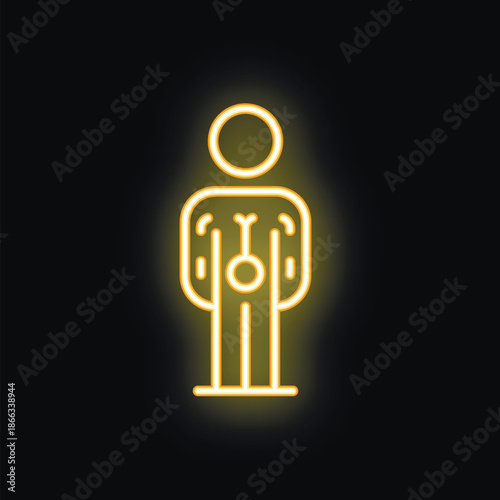 Yellow neon icon of a human figure experiencing stomach or abdominal pain, isolated on a black background
