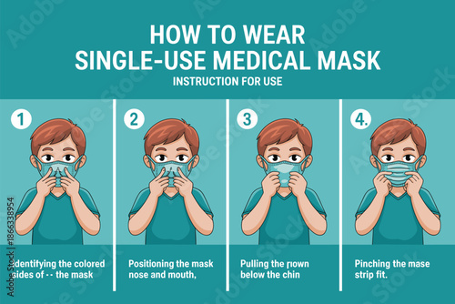 Wearing Single Use Medical Mask Instructions Visual Guide Demonstrating Proper Use for Healthcare Professionals and General Public Safety Precautions Infection Prevention and Control Health Awareness