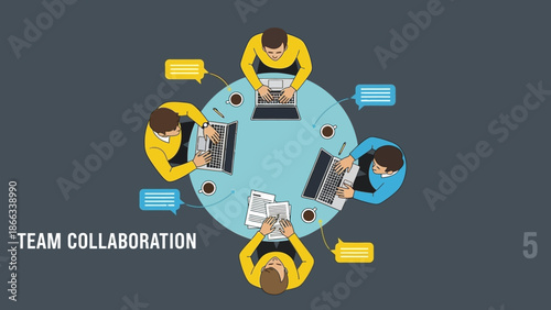 Team collaboration concept: people working together around a round table with laptops and chat bubbles
