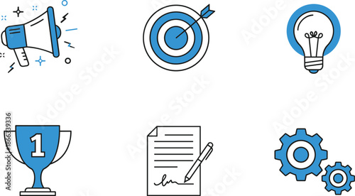 Business strategy and achievement icon set featuring blue and black line symbols for marketing megaphone goal targets creative ideas success trophies and legal contract agreements