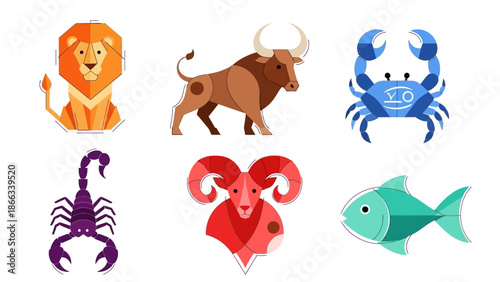 Zodiac Signs Collection: Leo, Taurus, Cancer, Scorpio, Aries, Pisces - Astrology Symbols
