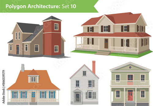 Polygon architecture, modern house design, residential styles, digital illustration, wrap-around porch, dormer window, balcony, color variation