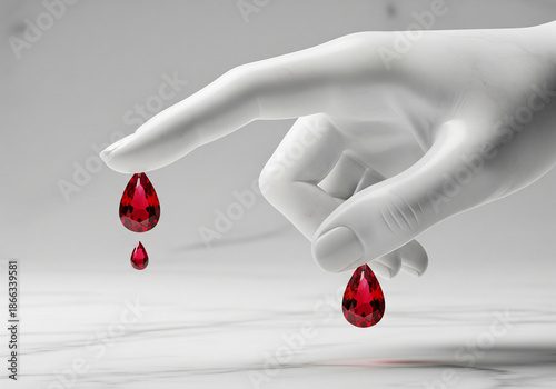 Red ruby gem blood drop falling from white marble finger medical concept.