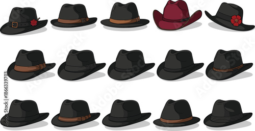 Fedora hat collection illustration showing classic men fashion headwear styles vintage modern designs vector accessory set