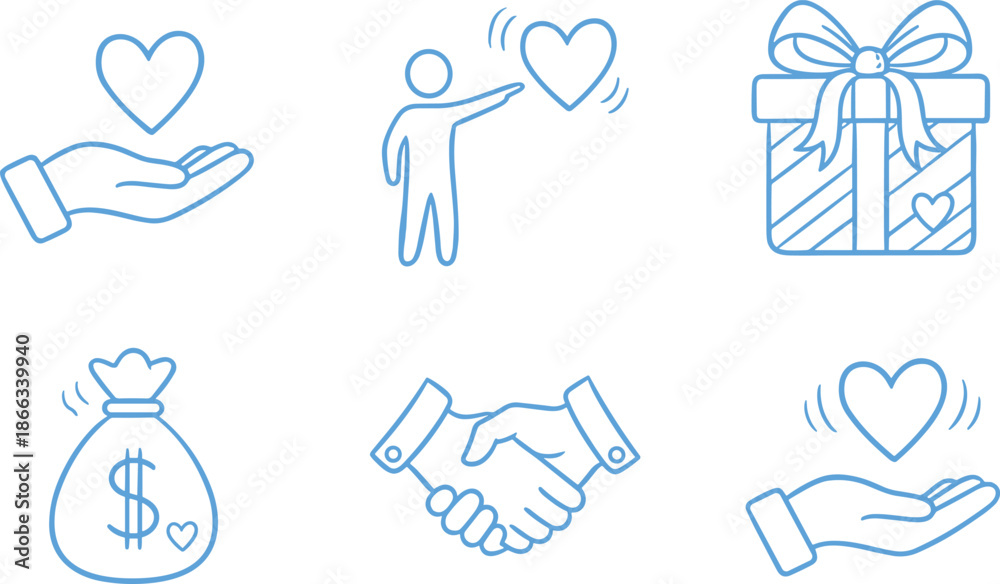 Fototapeta premium Charity and donation icon set featuring light blue line symbols for humanitarian aid non-profit support heart sharing gift giving funding and collaborative community partnership