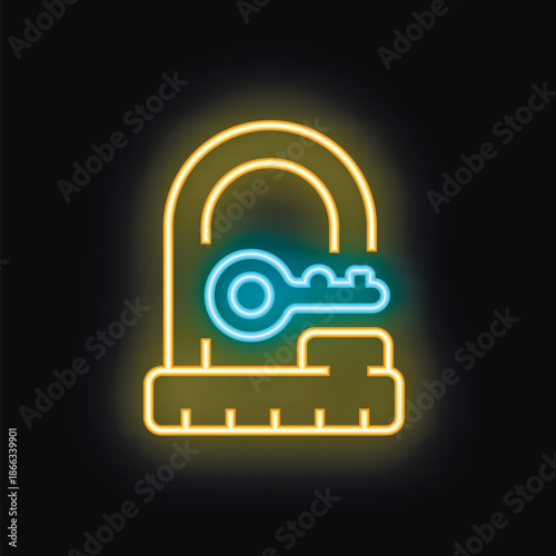 Glowing neon line open padlock with key access granted symbol on black background for security, privacy, safety, and encryption