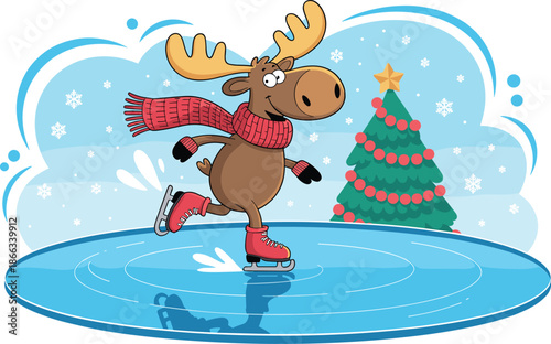 Cartoon moose ice skating on frozen pond with christmas tree in snowy winter wonderland landscape cheerful animal character illustration for holiday season greeting card design festive celebration fun