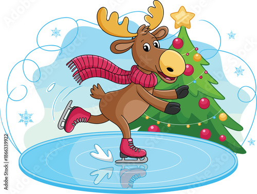 Cute cartoon moose ice skating near decorated christmas tree festive holiday season winter fun animal character illustration for greeting cards children's books seasonal advertising merry christmas ha