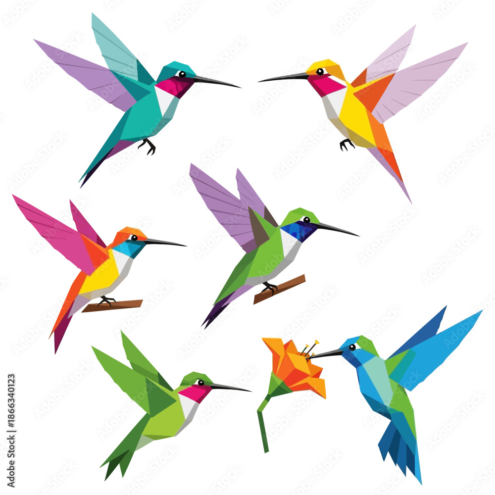 Fototapeta premium Origami Hummingbirds Collection - Geometric Birds and Flower