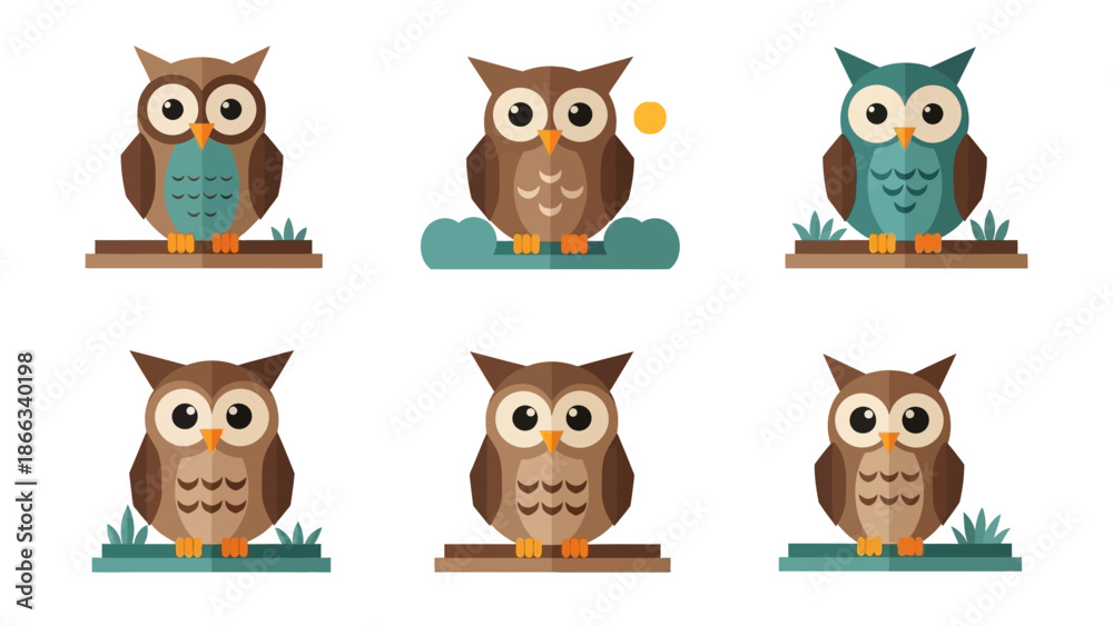 Fototapeta premium Cute Owl Collection: Flat Design Avian Characters on Branches