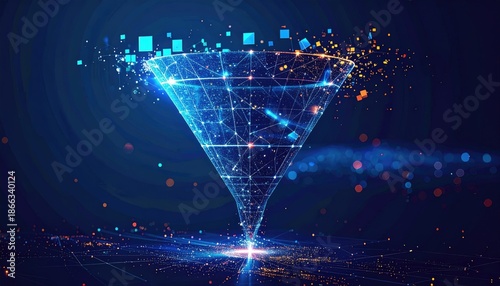 Digital funnel illustration, glowing with data particles, representing data filtering/processing