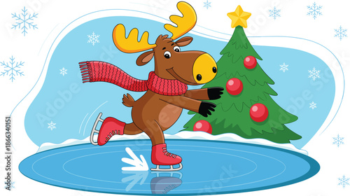 Cartoon moose ice skating on frozen rink near decorated Christmas tree vector illustration for holiday season winter sports fun festive christmas backgrounds seasonal greeting cards and children's sto