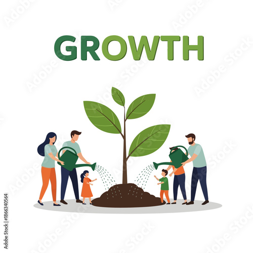 Family nurturing plant growth, symbolizing investment and development