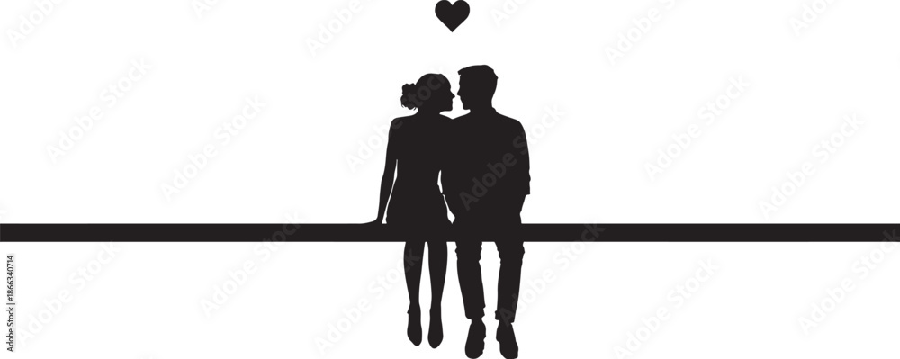 Fototapeta premium Silhouette of two people sitting together with heart above