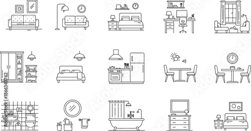 Home interior furniture line icons set showing living room bedroom kitchen bathroom dining workspace minimalist vector illustration collection