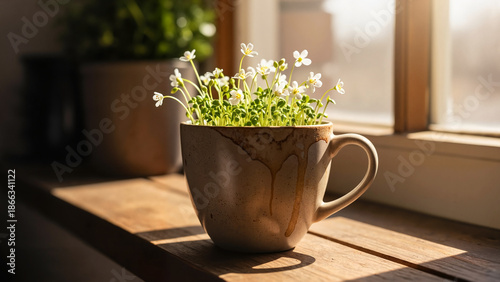 Cup with blooming flowers on wooden windowsill in bright sunlight  