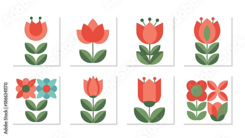 Scandinavian Folk Art Flowers: Modern Flat Design with Tulip and Daisy Motifs