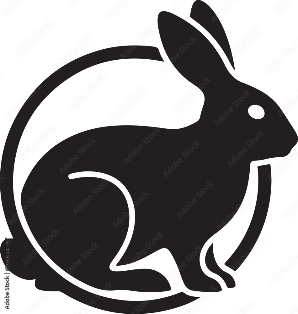 Obraz premium Stylized Black Rabbit Silhouette in a Circular Frame, Minimalist Logo Icon on White Background