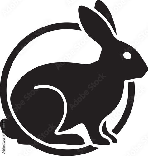 Stylized Black Rabbit Silhouette in a Circular Frame, Minimalist Logo Icon on White Background