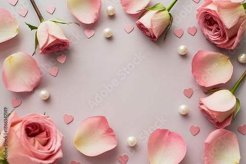 Flat Lay Valentine's Day Border with Pink Roses, Petals, Pearls, and Small Paper Hearts for February 14th.