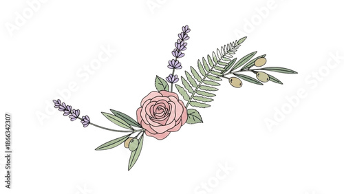 A delicate floral arrangement featuring a pink rose, eucalyptus, and lavender on a white background