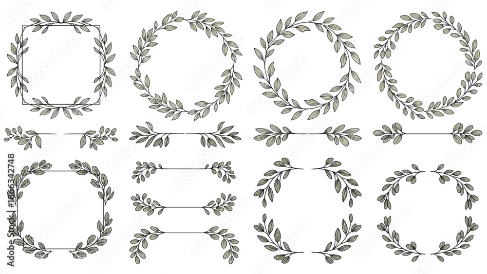 Obraz premium A collection of decorative wreaths and frames made of leaves and branches, illustrated in a minimalist style.
