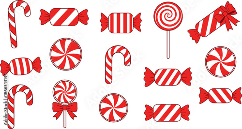 christmas, candy, sweets, peppermint, candycane, lollipop, dessert, sugar, festive, holiday, red, white, decoration, icon, illustration, vector, set, collection, treat, sweet