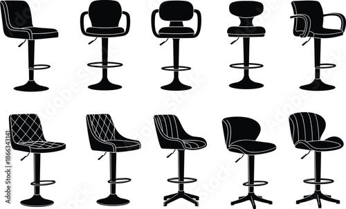 Barstool, Chair, Stool, Seat, Furniture, Silhouette, Bar, Counter, Swivel, Adjustable, Modern, Classic, Interior, Design, Seating, Black, Vector, Icon, Set, Collection