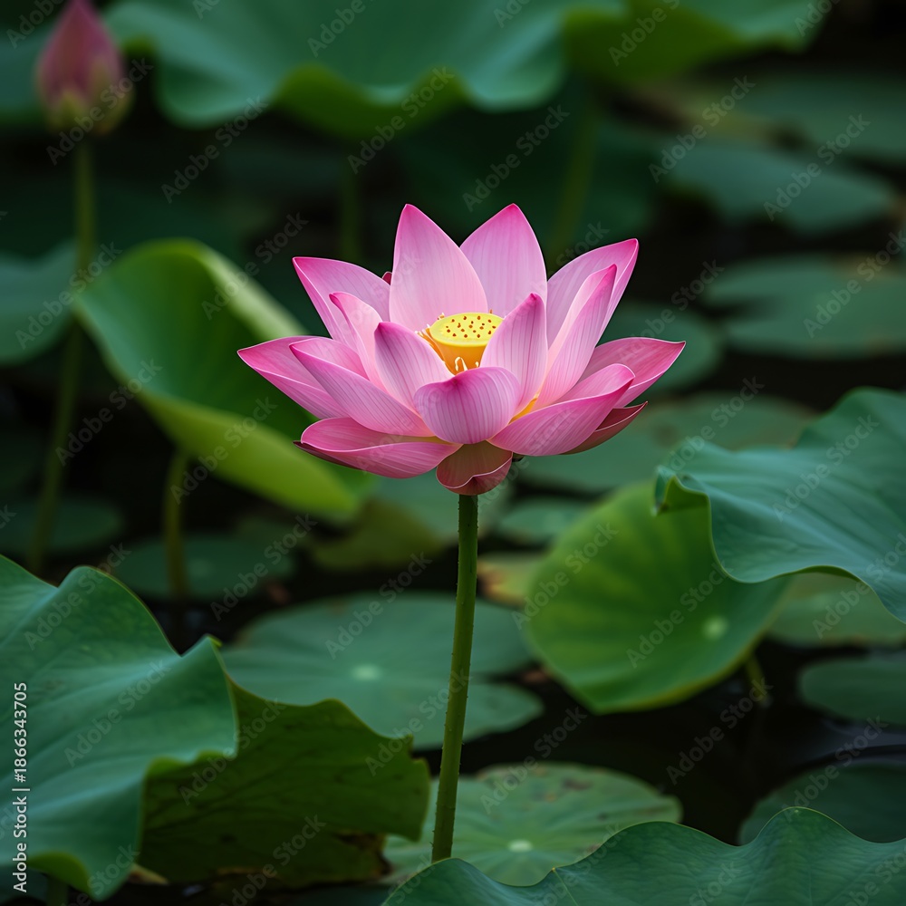 Obraz premium Pink Lotus Flower Blooming in Green Pond Water lily green leaves