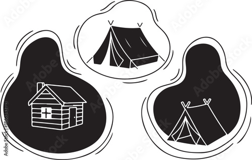 Camping icons with tent, cabin, and teepee illustrations
