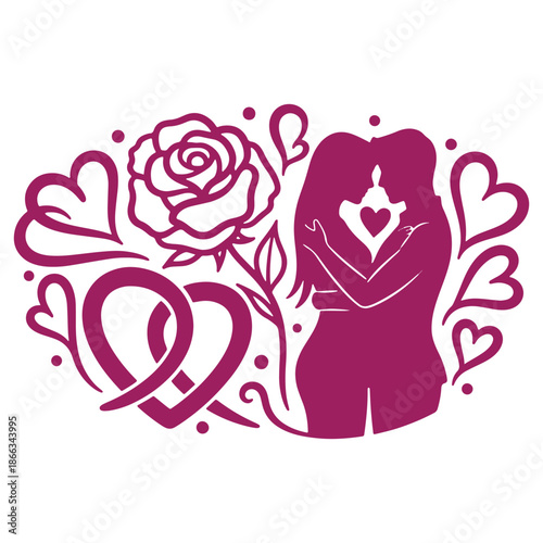 Silhouette of a woman embracing herself surrounded by hearts and a rose symbolizing selflove and empowerment