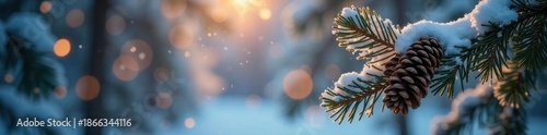 Sparkling bokeh lights illuminate snowy pine cones and branches , winter, cold, snowy