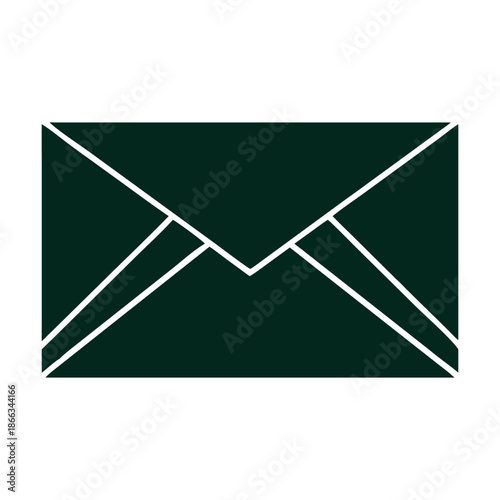 A minimalist dark green envelope icon on a white backdrop, symbolizing communication, mail, and correspondence in a clean, modern design isolated on