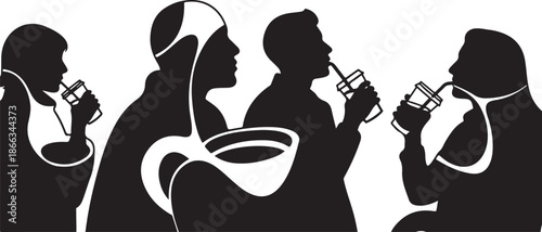 Silhouettes of people drinking from cups in a row