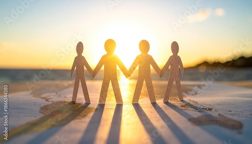 Four paper people holding hands against a sunlit ocean sunset, symbolising unity