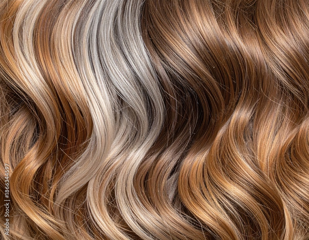 Naklejka premium Close-up of layered, wavy strands with varying tones blonde, brown, and tan