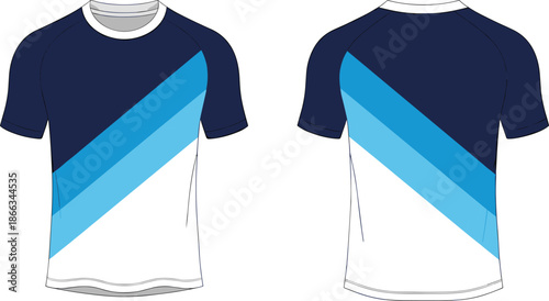 Men’s sports t shirt illustration, front and back view, geometric color block athletic jersey design, fashion apparel technical flat drawing