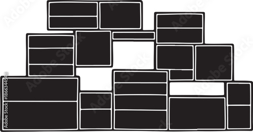 Black and white rectangular boxes stacked randomly