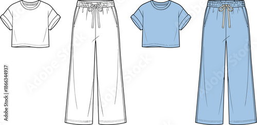 Minimal loungewear outfit set, cropped t shirt and wide leg pants, fashion flat sketch, casual women clothing illustration