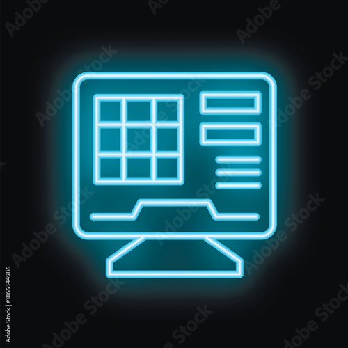 Glowing blue neon icon of a computer monitor displaying spreadsheets, hinting at data analysis and digital tasks